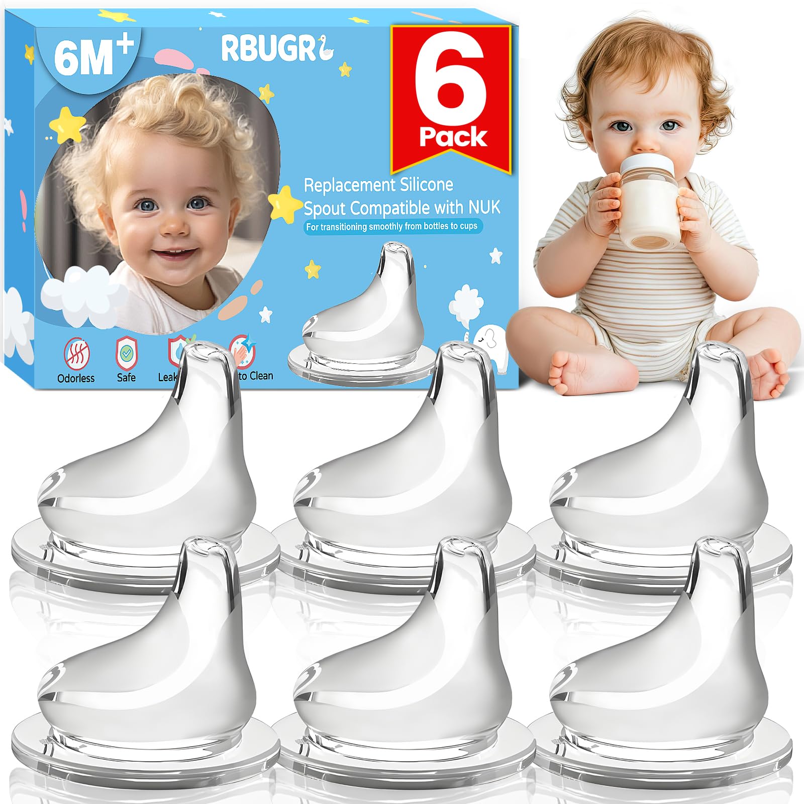 RBUGR 6 Pack Replacement Silicone Spout Compatible with NUK Active and Learner Cups, Sippy Cup Nipple for NUK Sippy Cup & Learne