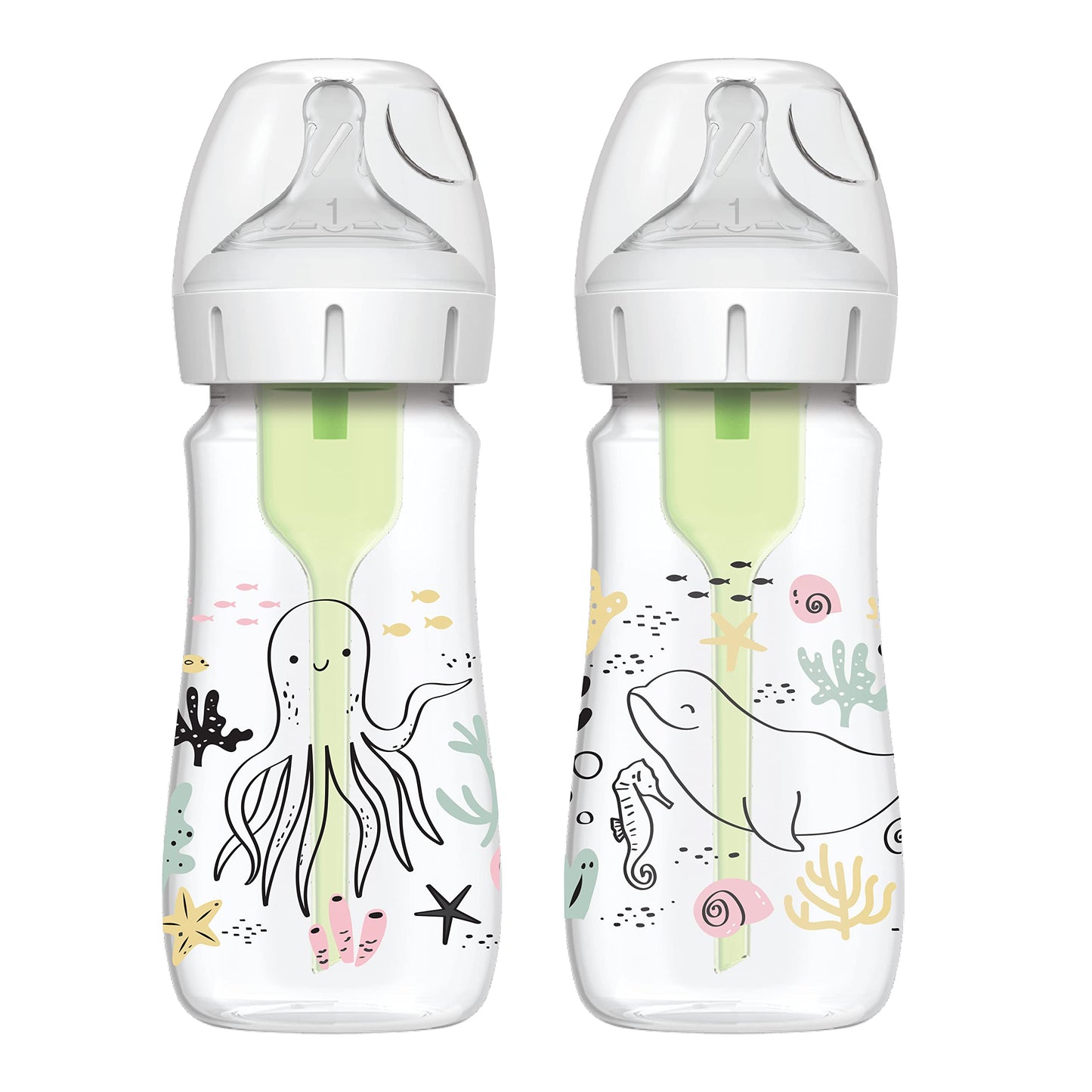 Dr Brownas Natural Flowa Anti-Colic Options+A Wide-Neck Baby Bottle Designer Edition Bottles, Ocean Decos, 9 Oz270 Ml, Level 1 N
