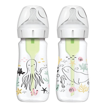 Dr Brownas Natural Flowa Anti-Colic Options+A Wide-Neck Baby Bottle Designer Edition Bottles, Ocean Decos, 9 Oz270 Ml, Level 1 N