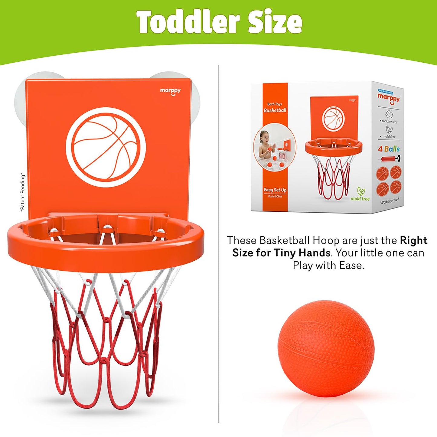 MARPPY Bath Toys for Toddlers & Kids - Bathtub Basketball Hoop with 4 Mold-Free Balls, Strong Suction Cup - Fun Bathtub and Show