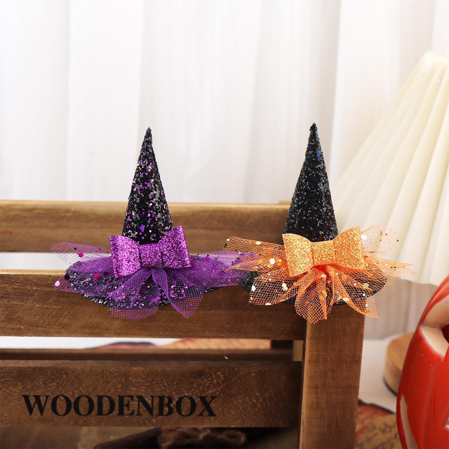 YanJie Halloween Headband for Infants Mini Witches Hat Glitter Nylon Headbands 3 Witch Hats with Orange Baby Bow Stretchy Head