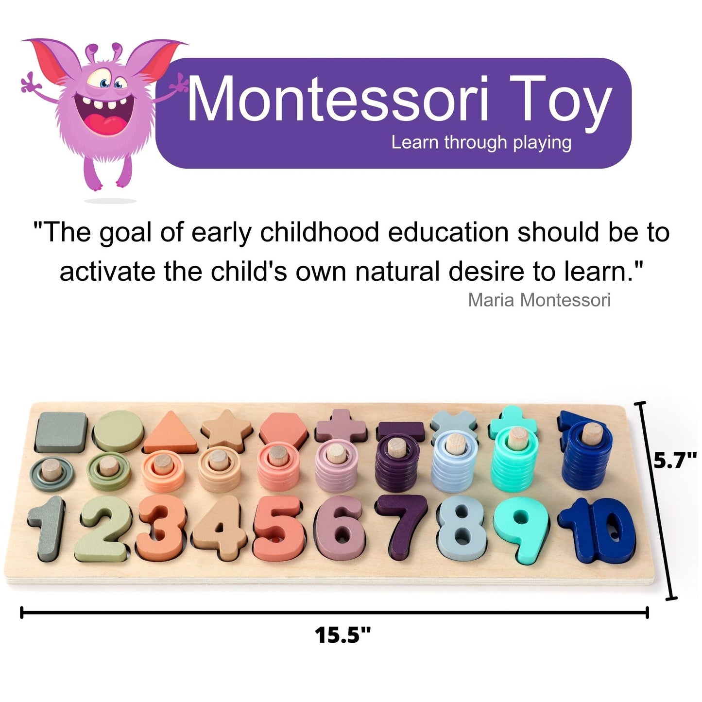 BEKILOLE Wooden Number Puzzle for Toddler Activities - Montessori Toys for Toddlers Shape Sorting Counting Game for Age 3 4 5 Ye