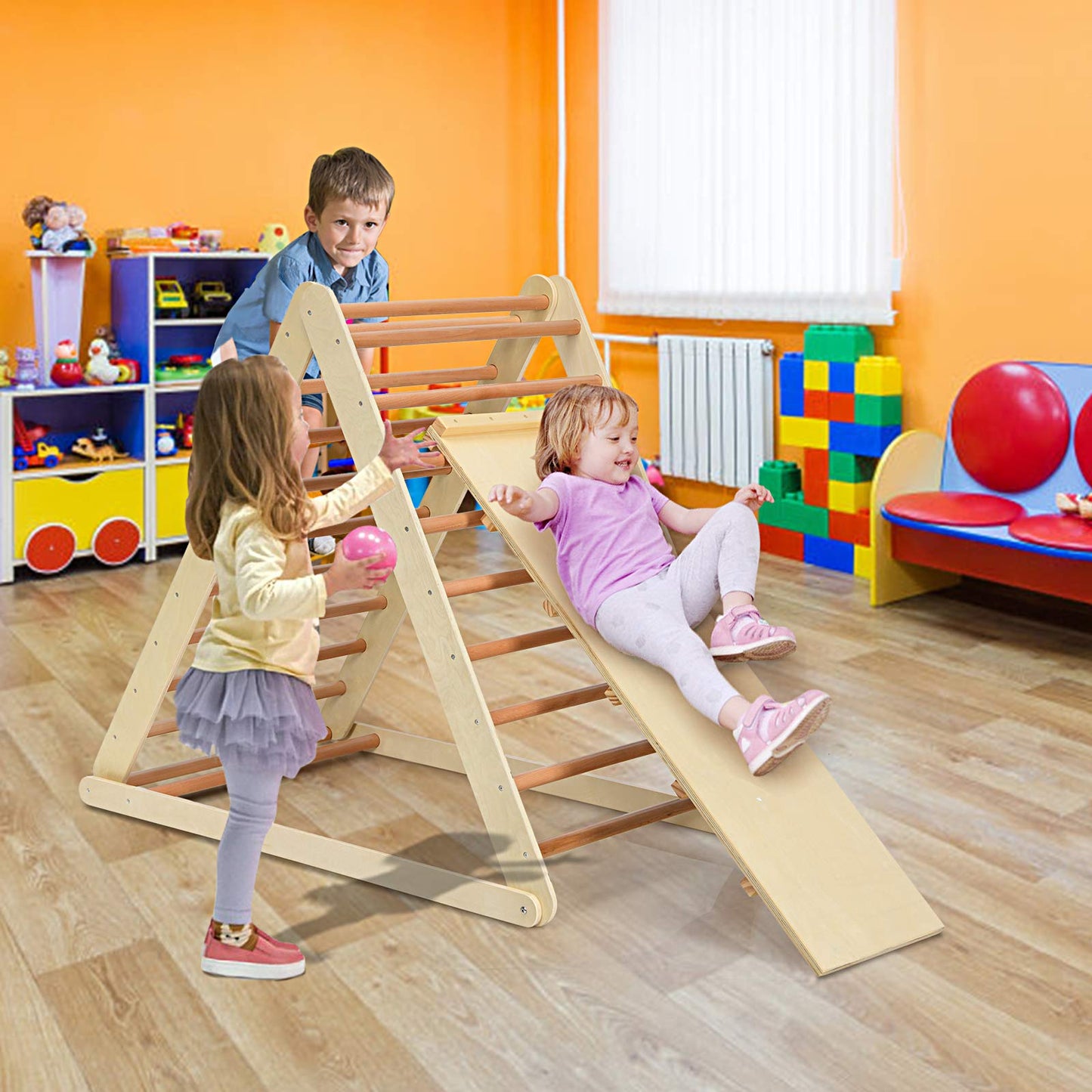 Costzon Foldable Climbing Toys For Toddlers, 3 In 1 Montessori Wooden Triangle Climber For Sliding & Climbing, Kids Indoor Climb