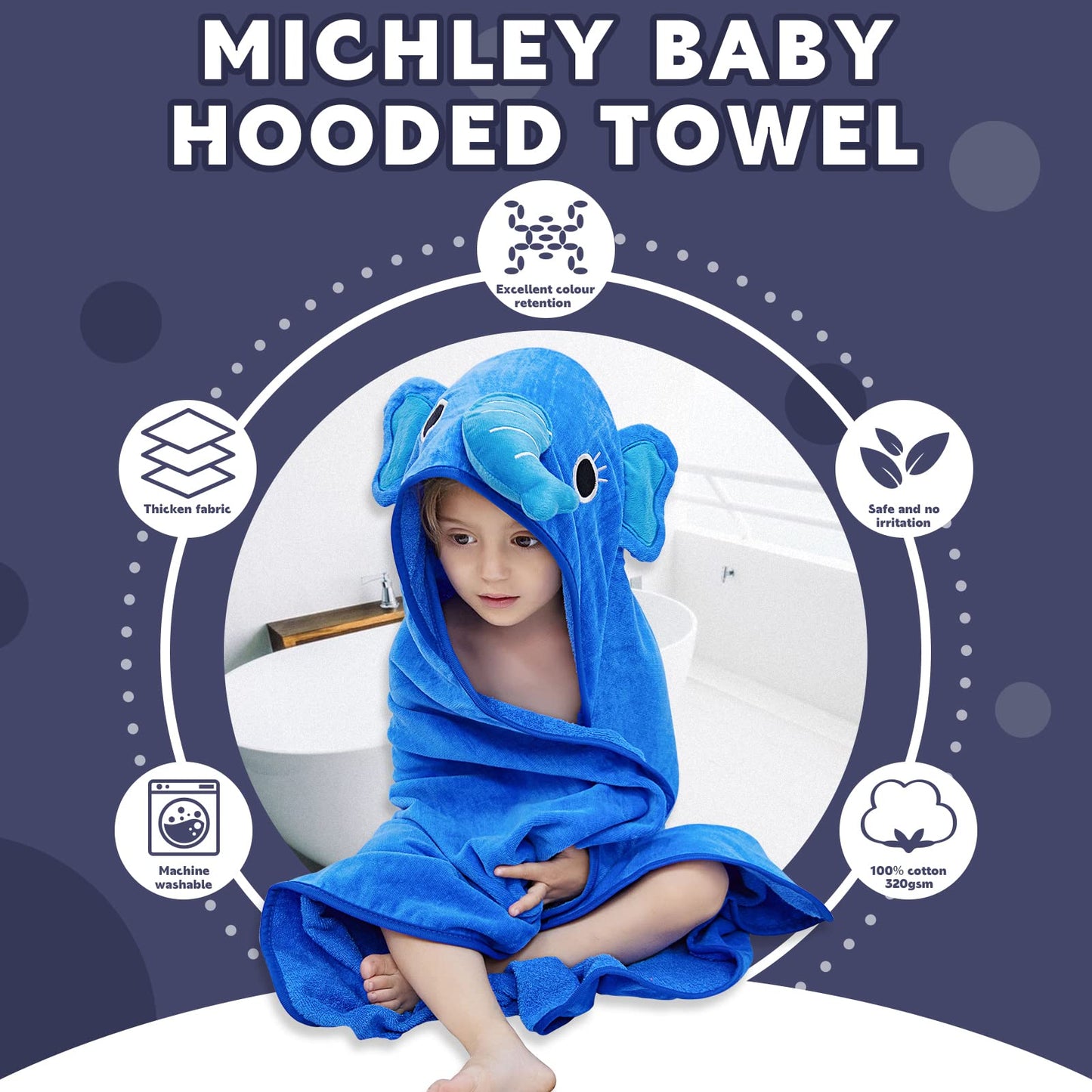 Michley Baby Boy Girl Animal Hooded Bath Towel, Soft Cotton Beach Swimming Washcloth For 0-6T, Elephant