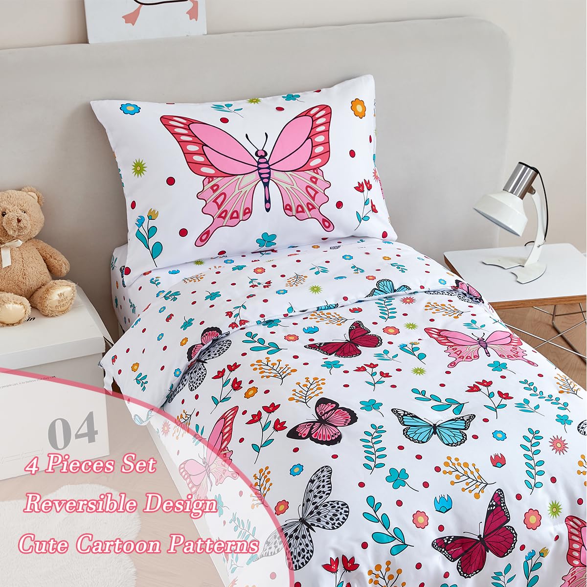 Perfemet 4-Piece Girls Butterfly Toddler Bedding Colorful Pink Floral Toddler Bed Comforter Set Reversible Soft Flower Toddler B