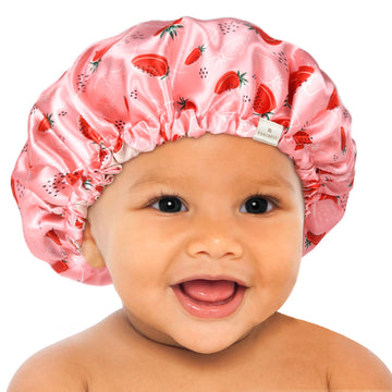 YANIBEST Baby Satin Bonnet Sleep Cap - Double Layer Reversible Adjustable Silky Satin Cap for Infant Toddler(6-36Months,Strawber
