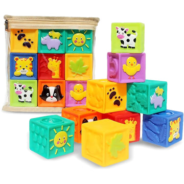Kingtree Baby Blocks, 9PCS Soft Squeeze Building Blocks Stacking Toys for 6+ Months Babies, Baby Teething Chewing Educational Bl