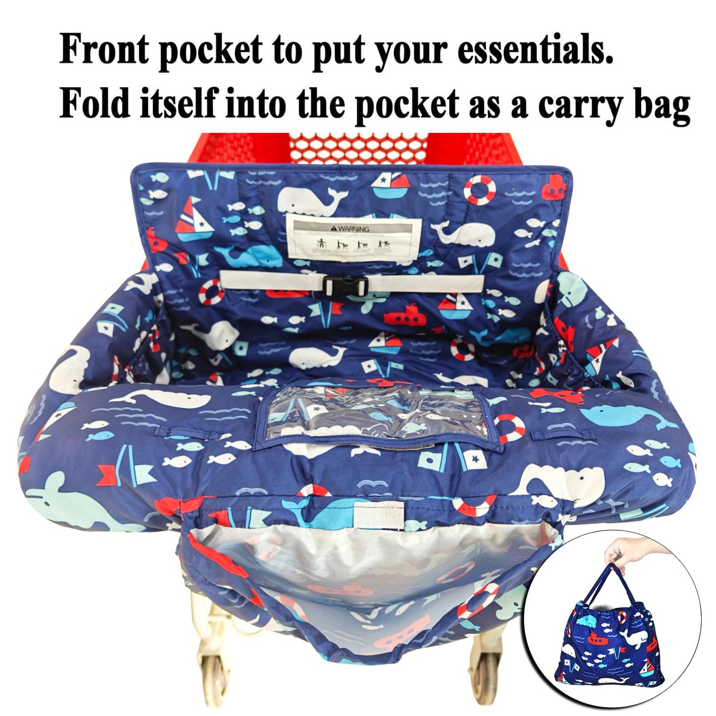 2-In-1 Shopping Cart And High Chair Cover For Baby, Padded Cover, Fold'N Roll Style, Portable With Carry Bag (Blue Whale)
