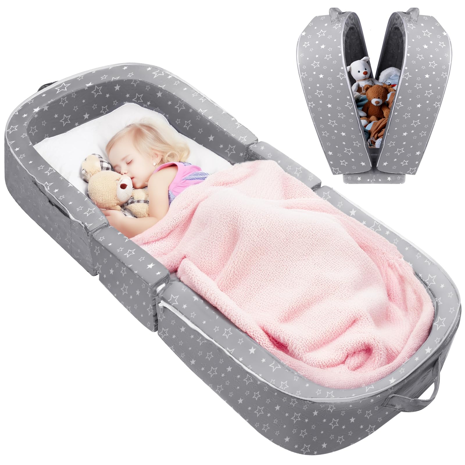 Reawul Portable Folding Toddler Travel Bed,Kids Floor Bed, Washable Cot For Toddlers And Child,Grey