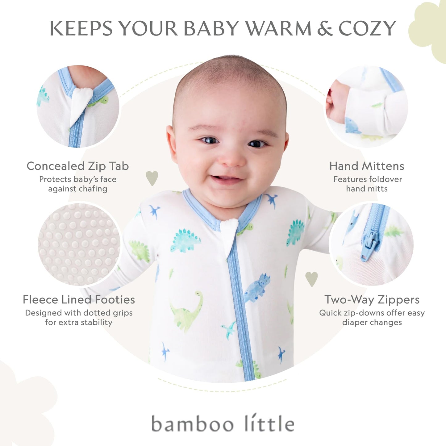Soft Bamboo Viscose Footies, 2-Way Zipper, Unisex, 6-9 Months, Dinosaur, 95% Viscose Made From Bamboo, 5% Spandex - Imported