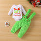 Visgogo Infant Baby Christmas Jumpsuit Set Letter Print Long Sleeve Romper Green Suspender Costume Pants (Green, 0-6 Months)