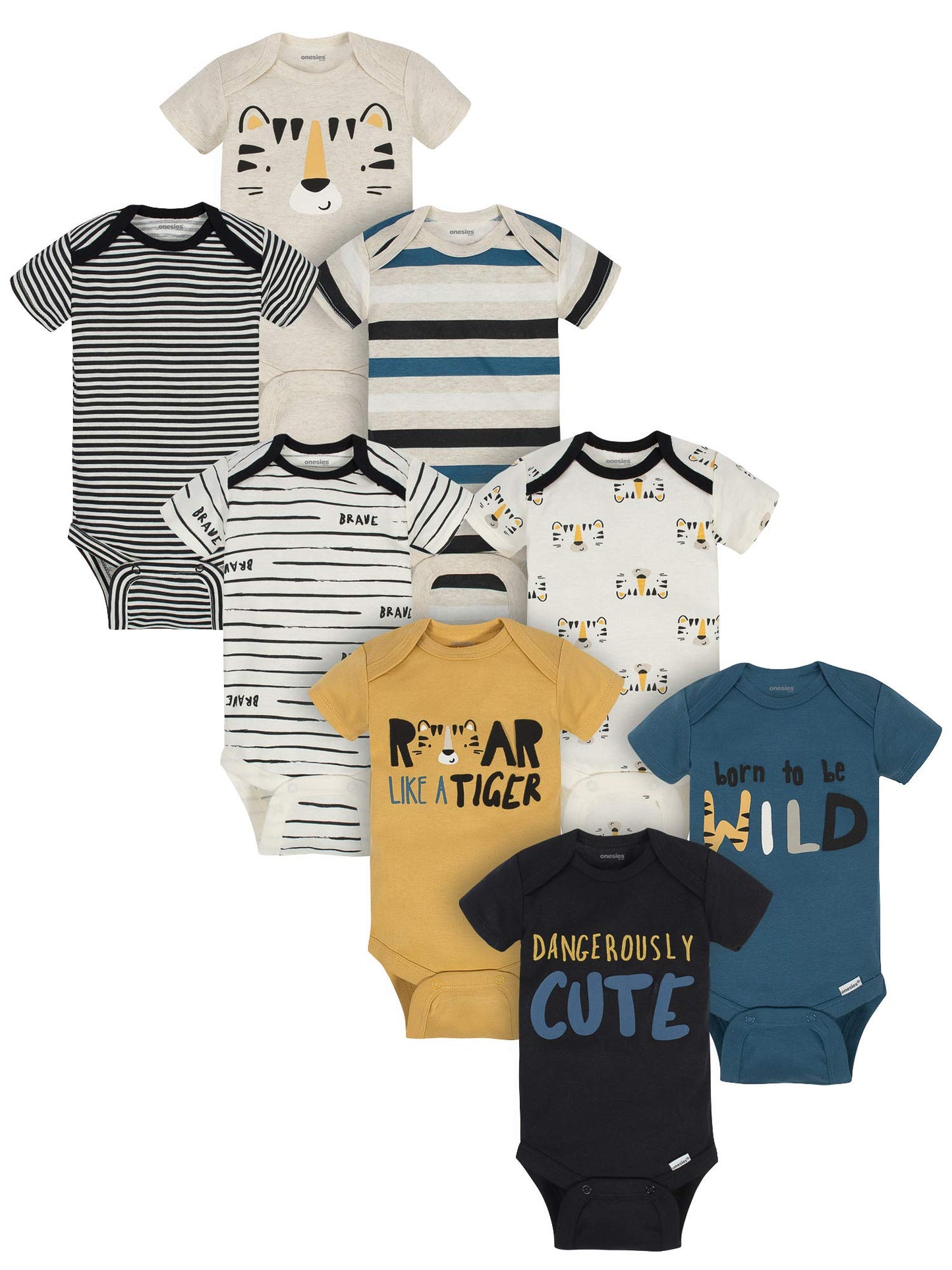 Onesies Brand Baby Boys 8-Pack Short Sleeve Mix & Match Bodysuits And Toddler T Shirt Set, Dangerously Cute Tiger, 0-3 Months Us