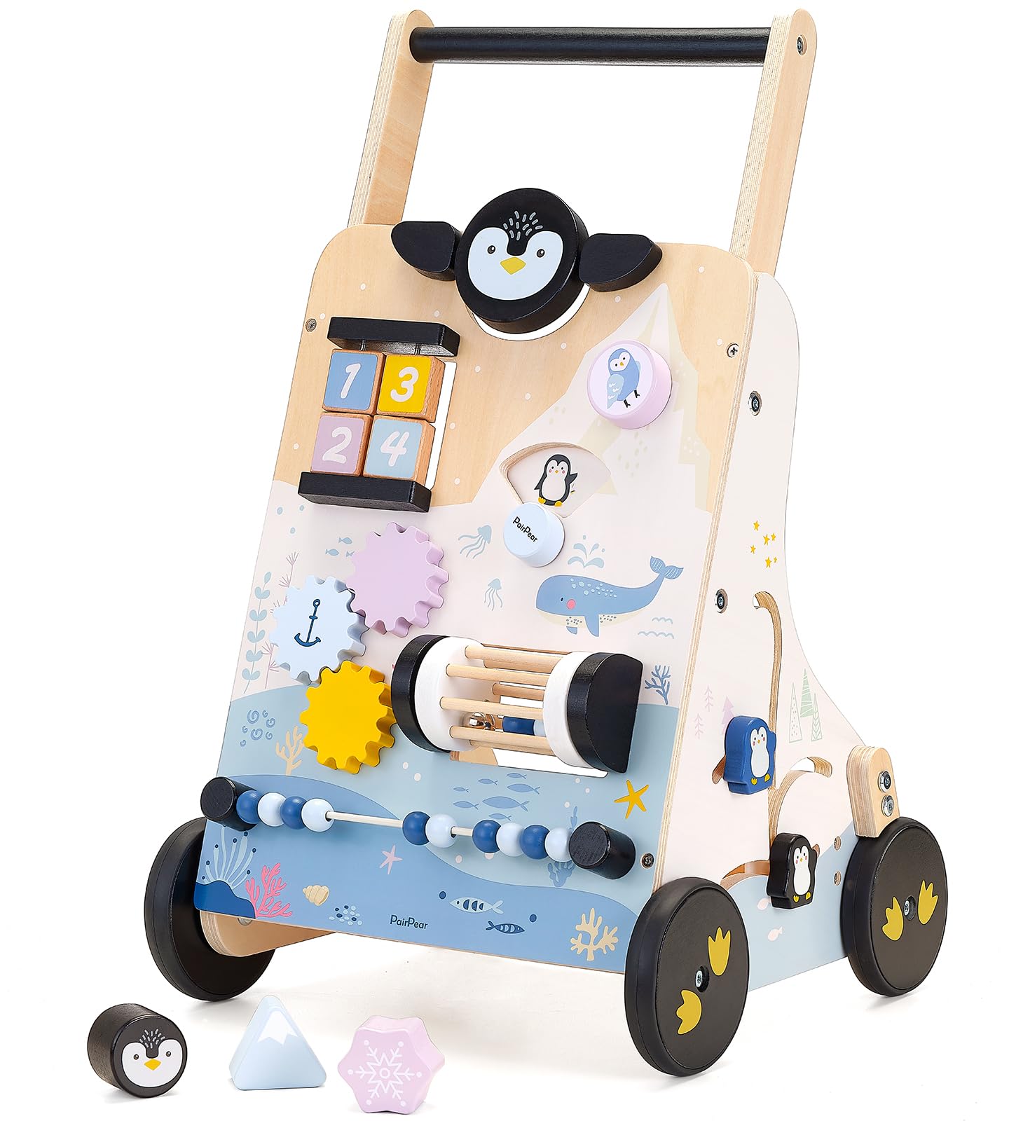 PairPear Wooden Baby Walker, Baby Push Walker Activity Center Toys,Montessori Walker Toy with Shape Sorter, Adjustable Speed Act