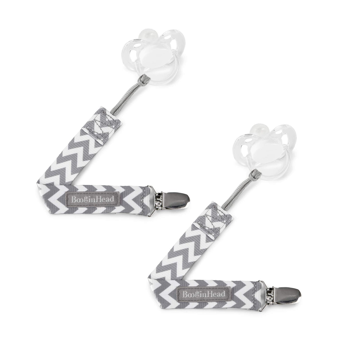 Booginhead Pacifier Clip Baby Pacifier Holder Pacigrip 2-Pack, Gray Chevron