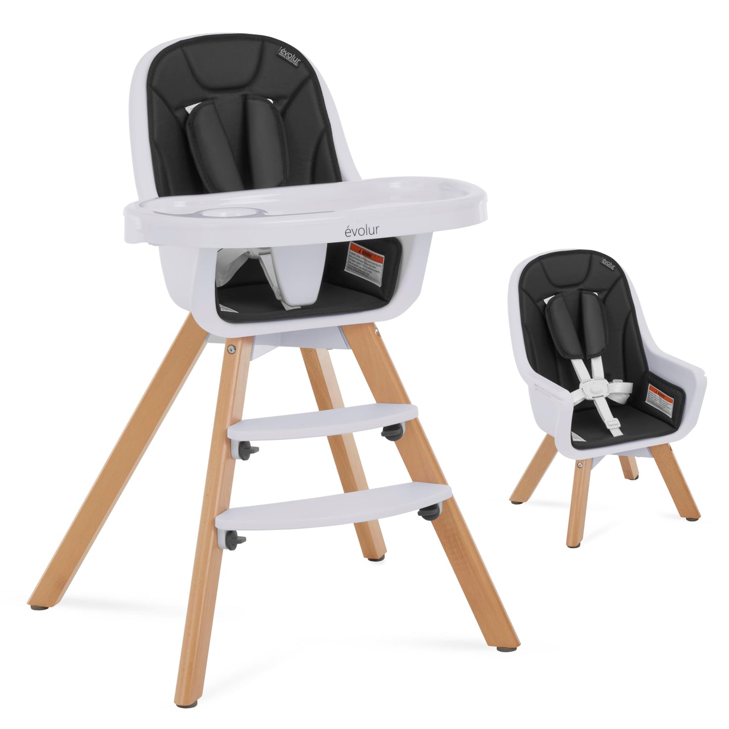 Evolur Zoodle 2 in 1 Convertible Baby High Chair, Black, Easy to Clean, Adjustable & Removable Tray, Compact & Portable, Foldabl