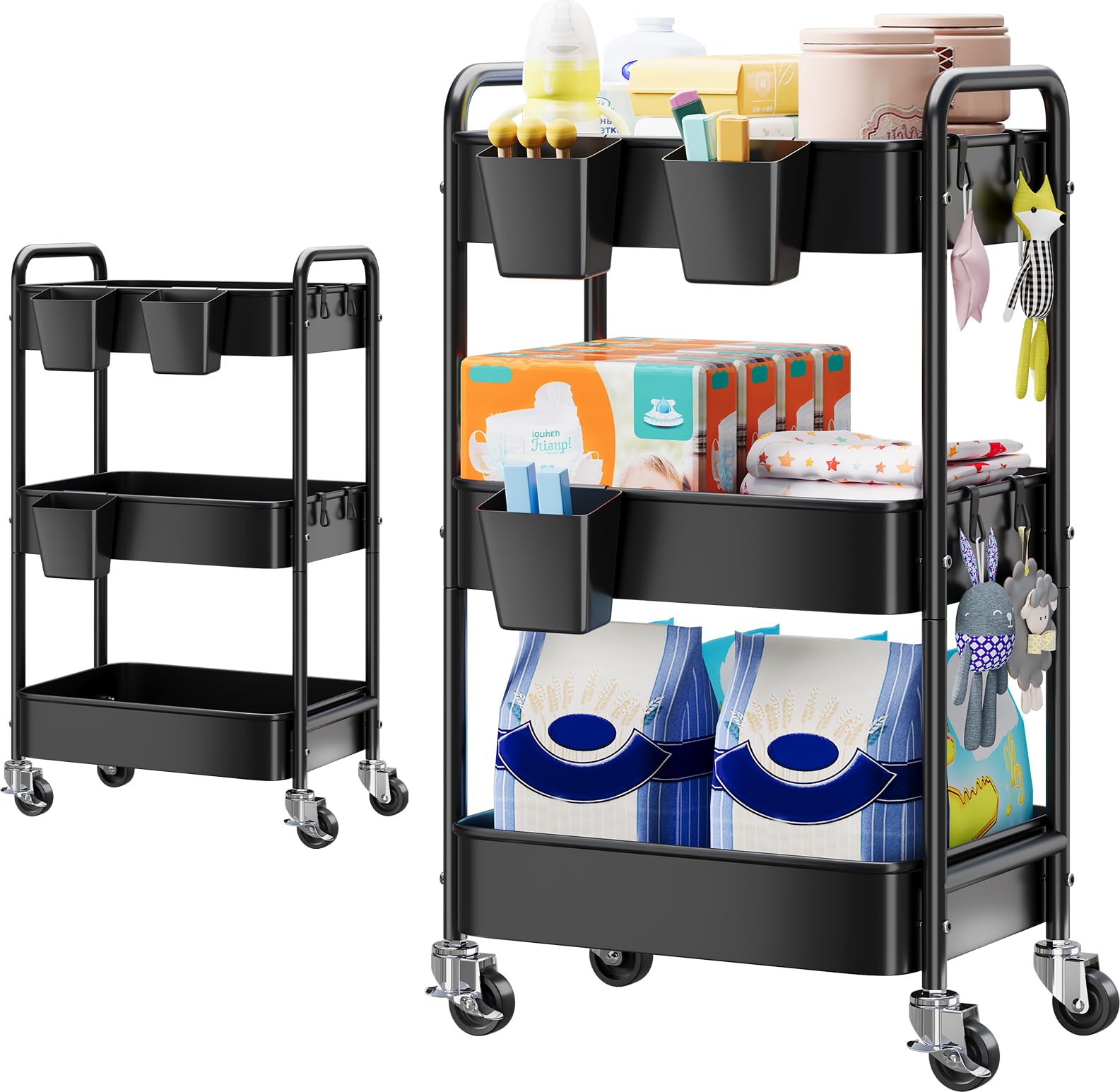 Aofure Baby Diaper Caddy Organizer and Storage, 3 Tier Rolling Cart with Wheels for Newborn Nursery Essentials, Baby Organizers 
