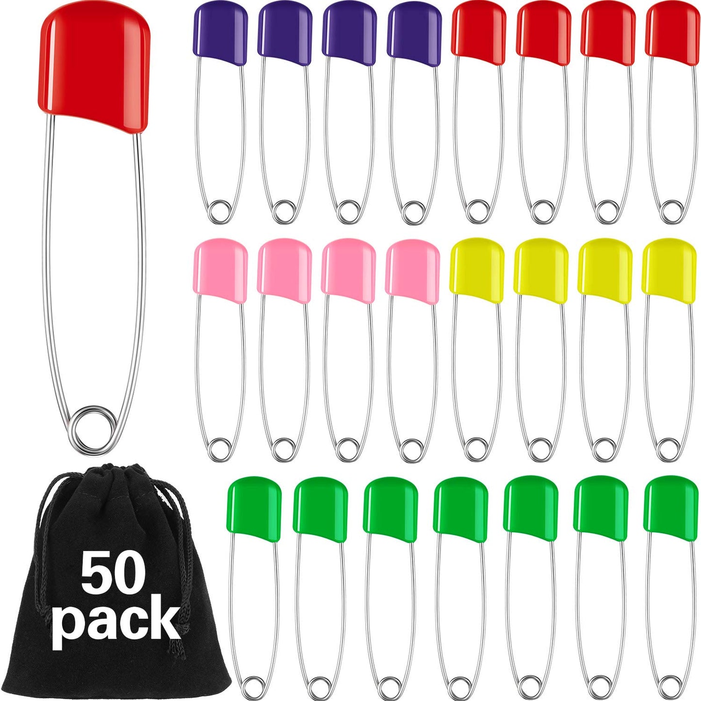 50 Pieces Diaper Pins Safety 2.2 Inch Plastic Head Cloth Diaper Nappy Pins with Locking Closures Stainless Steel with Velvet Bag