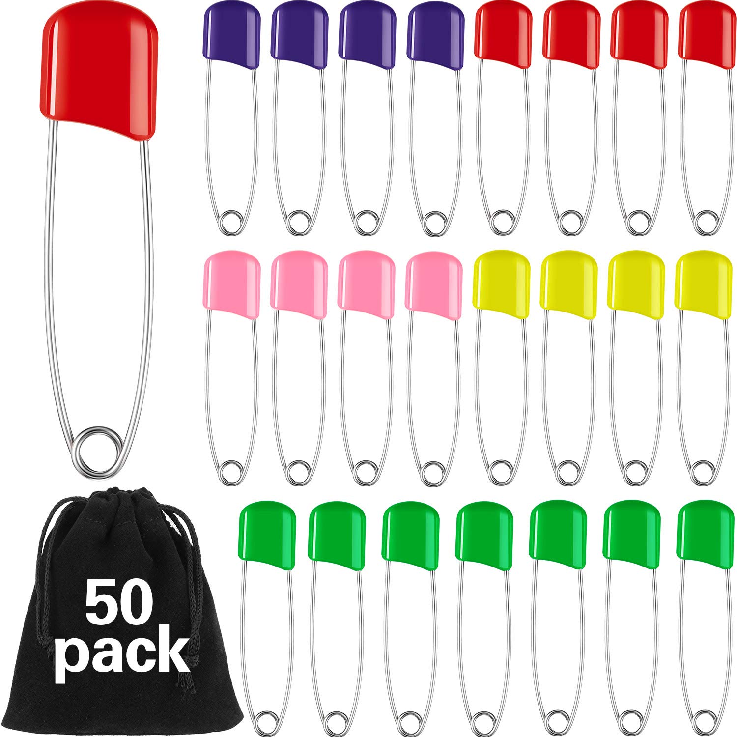 50 Pieces Diaper Pins Safety 2.2 Inch Plastic Head Cloth Diaper Nappy Pins with Locking Closures Stainless Steel with Velvet Bag