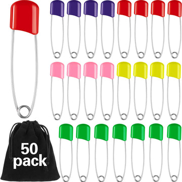 50 Pieces Diaper Pins Safety 2.2 Inch Plastic Head Cloth Diaper Nappy Pins with Locking Closures Stainless Steel with Velvet Bag