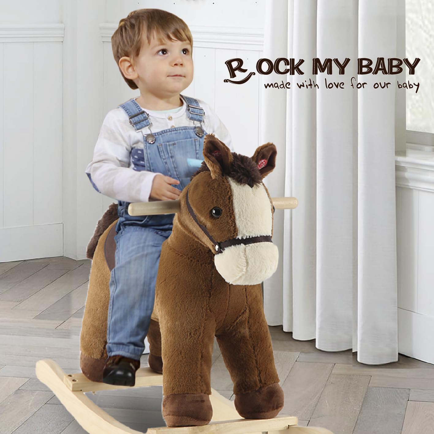 Plush Rocking Horse, Soft Filling Ride on Pony, Rocking Animal, Stuffed Rocker for Kids 18 Months and up (Dark Brown)