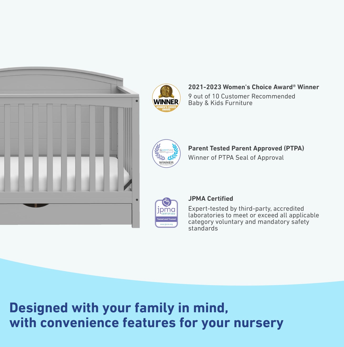 Graco Bellwood 5-In-1 Convertible Crib With Drawer (Pebble Gray) - Greenguard Gold Certified, Full-Size Storage Drawer, Converts