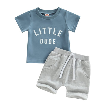Toddler Baby Boy Clothes Letter Short Sleeve T Shirt Top Boys Shorts With Pocket Cute Summer Outfit 2Pcs Set (Little Dude Blue,2
