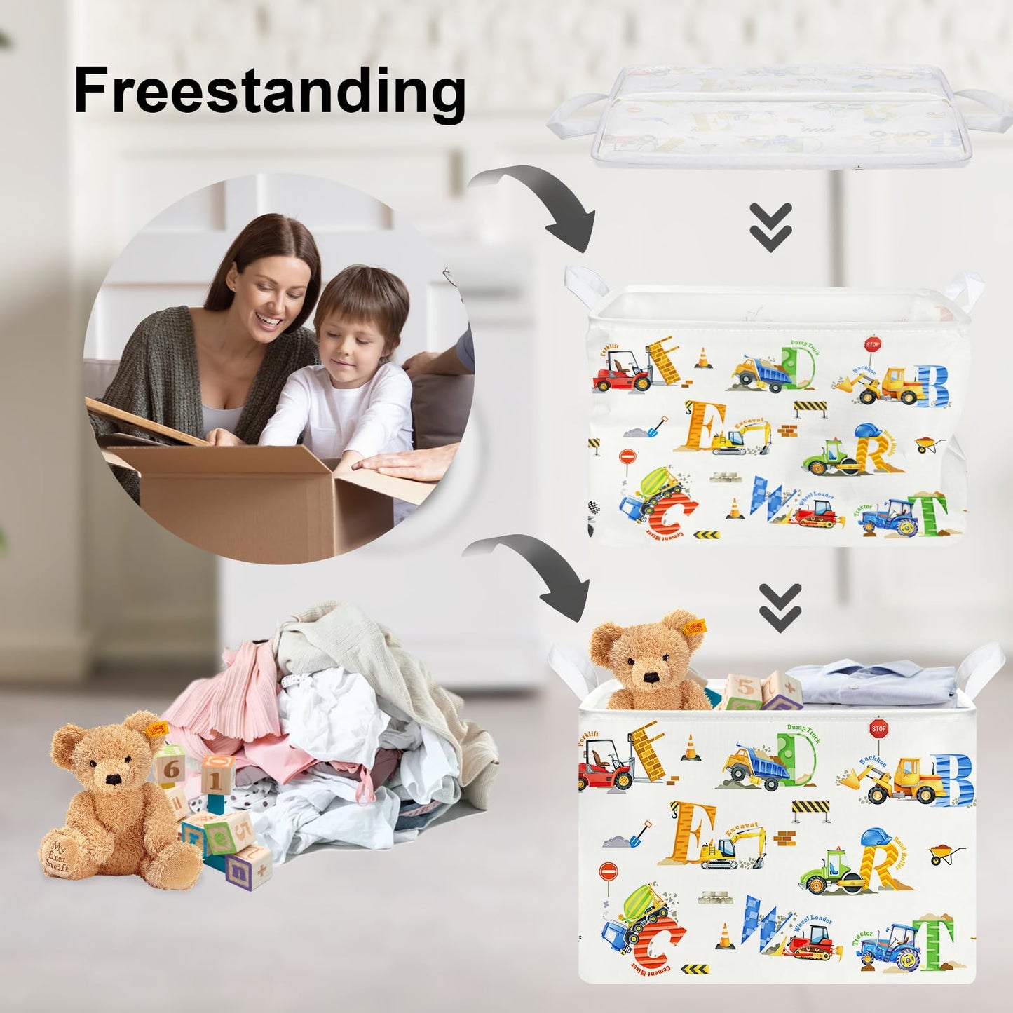 Clastyle Large Alphabet Construction Car Book Shelf Basket Collapsible Rectangle Excavator Ambulance Monster Truck Boy Bin Cloth