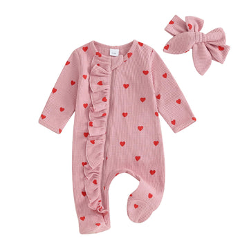 Filgriox My First Valentines Day Baby Girl Outfit Newborn Footie Romper Heart Bodysuit + Headband Infant One Piece Outfit (Pink,