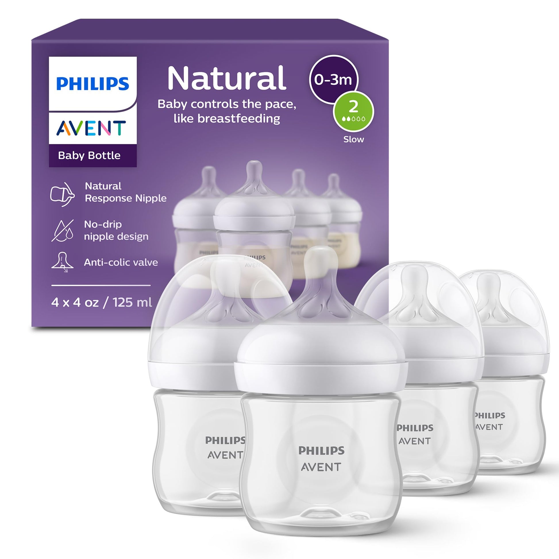 Philips Avent Natural Baby Bottles with Natural Response Nipples (Slow Flow, Flow 2), 4oz, 24-Pack, SCY900/04
