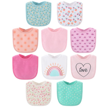 The Peanutshell Baby Girl Terry Bib Set Of 10-100% Cotton, Soft, Absorbent Baby Bibs For Girls, Toddler Baby Girl Bibs Set, Newb