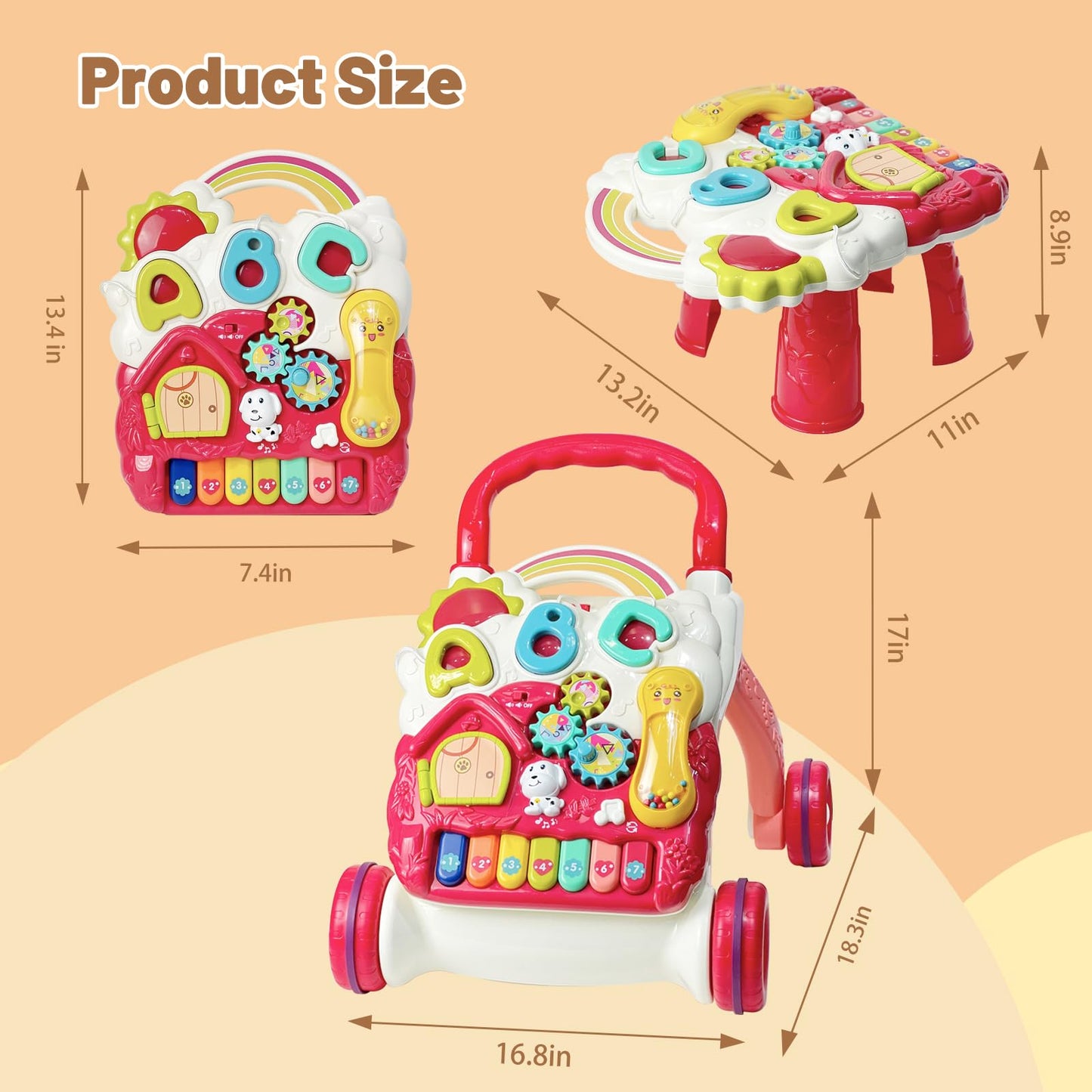 Sit to Stand Baby Walker, Activity Center with Music and Light, Activity Table for Toddlers, Push Toys for Babies Learning to Wa