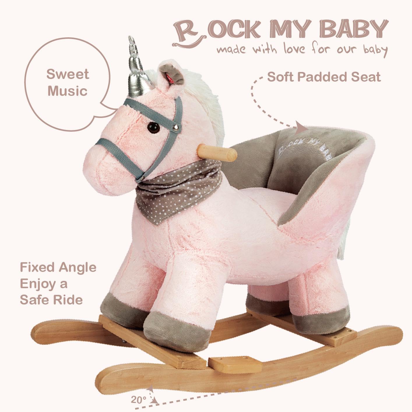 Rock My Baby Rocking Horse with Chair, Pink Unicorn Pony Rocker with Realistic Unicorn Music. Rocking Animal. Wooden Rocking Hor