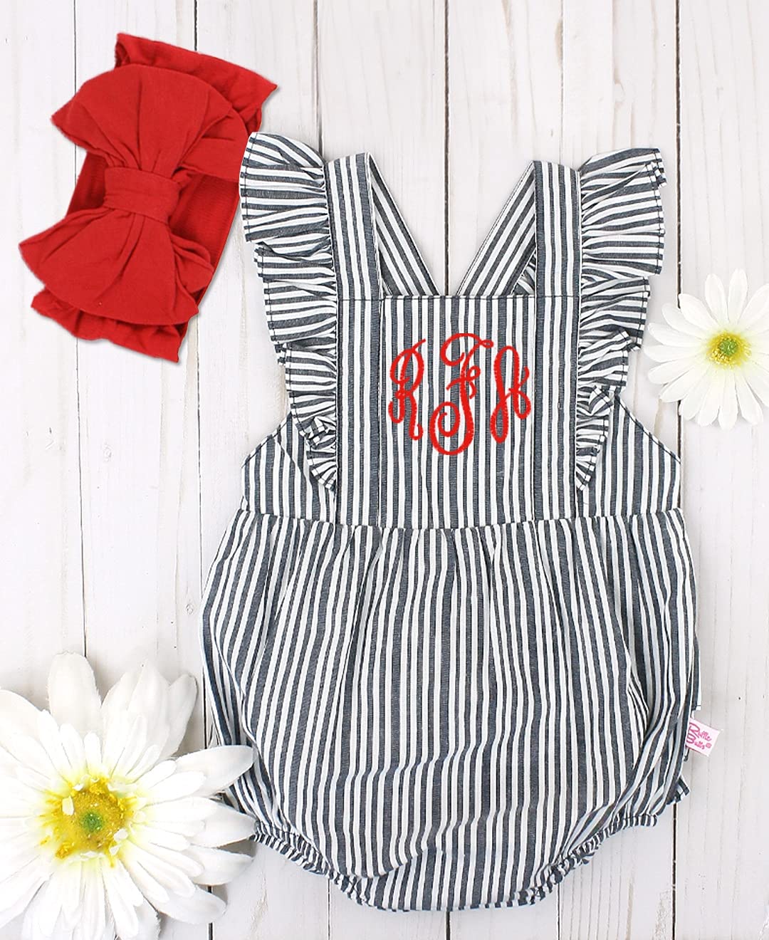 Rufflebutts Baby/Toddler Girls Navy Stripe Cross-Back Ruffle Romper - 18-24M