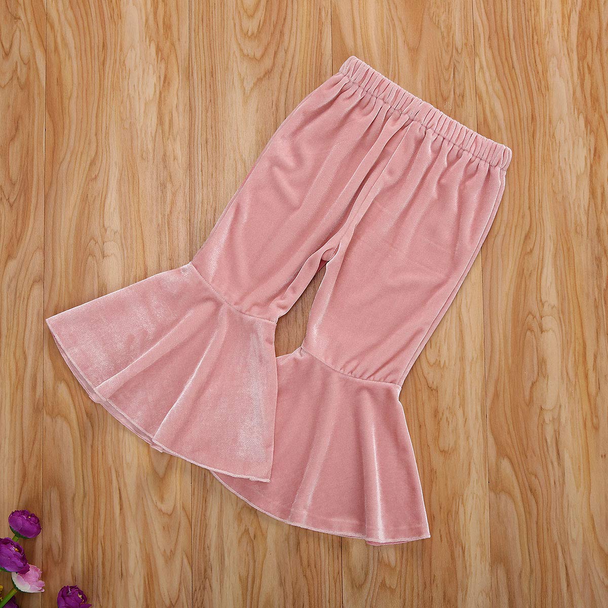 Goocheer Kids Toddler Little Baby Girl Fall Winter Velvet Bell Bottom Flare Pants Ruffle Leggings Trousers (Velvet-Pink, 5-6Year