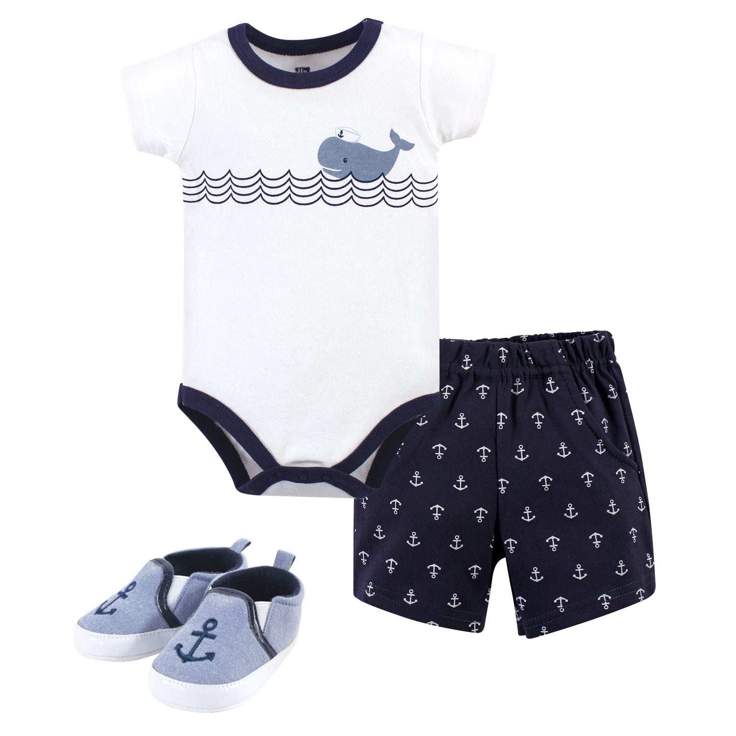 Hudson Baby Baby Boys Cotton Bodysuit, Shorts And Shoe Layette Set, Blue Sailor Whale, 3-6 Months Us