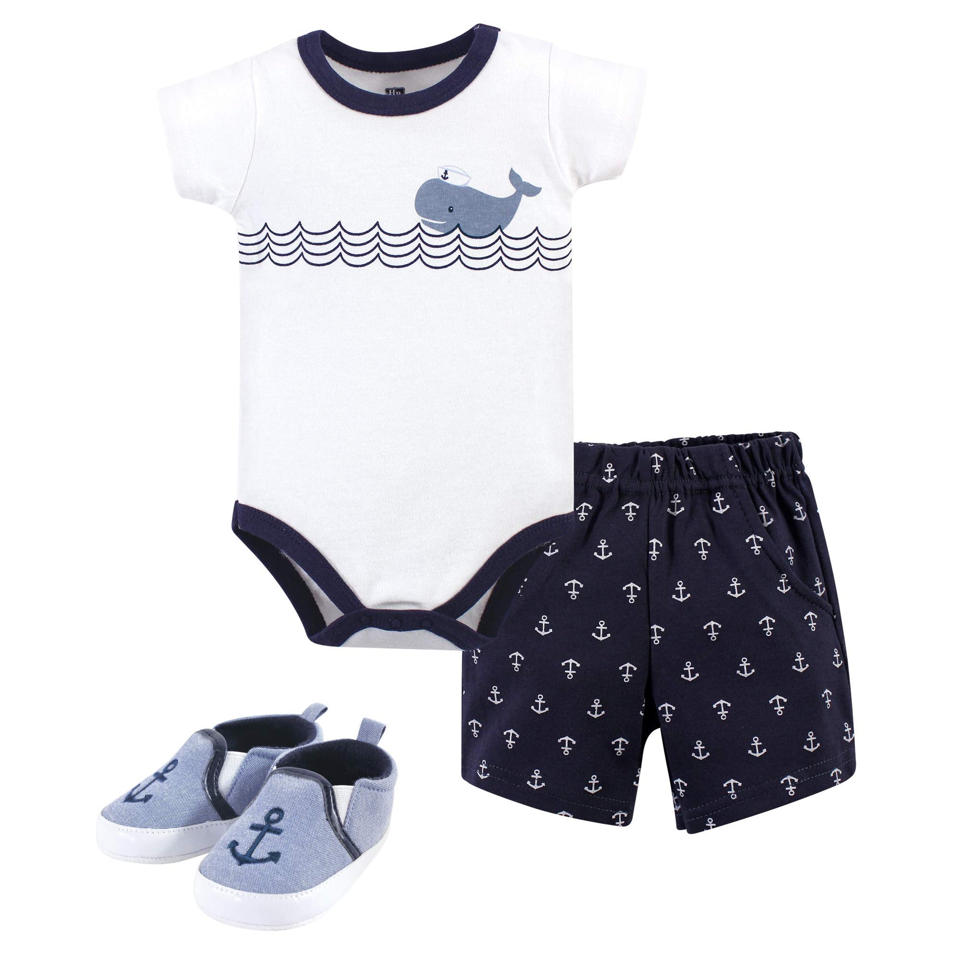 Hudson Baby Baby Boys Cotton Bodysuit, Shorts And Shoe Layette Set, Blue Sailor Whale, 3-6 Months Us