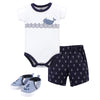 Hudson Baby Baby Boys Cotton Bodysuit, Shorts And Shoe Layette Set, Blue Sailor Whale, 0-3 Months Us