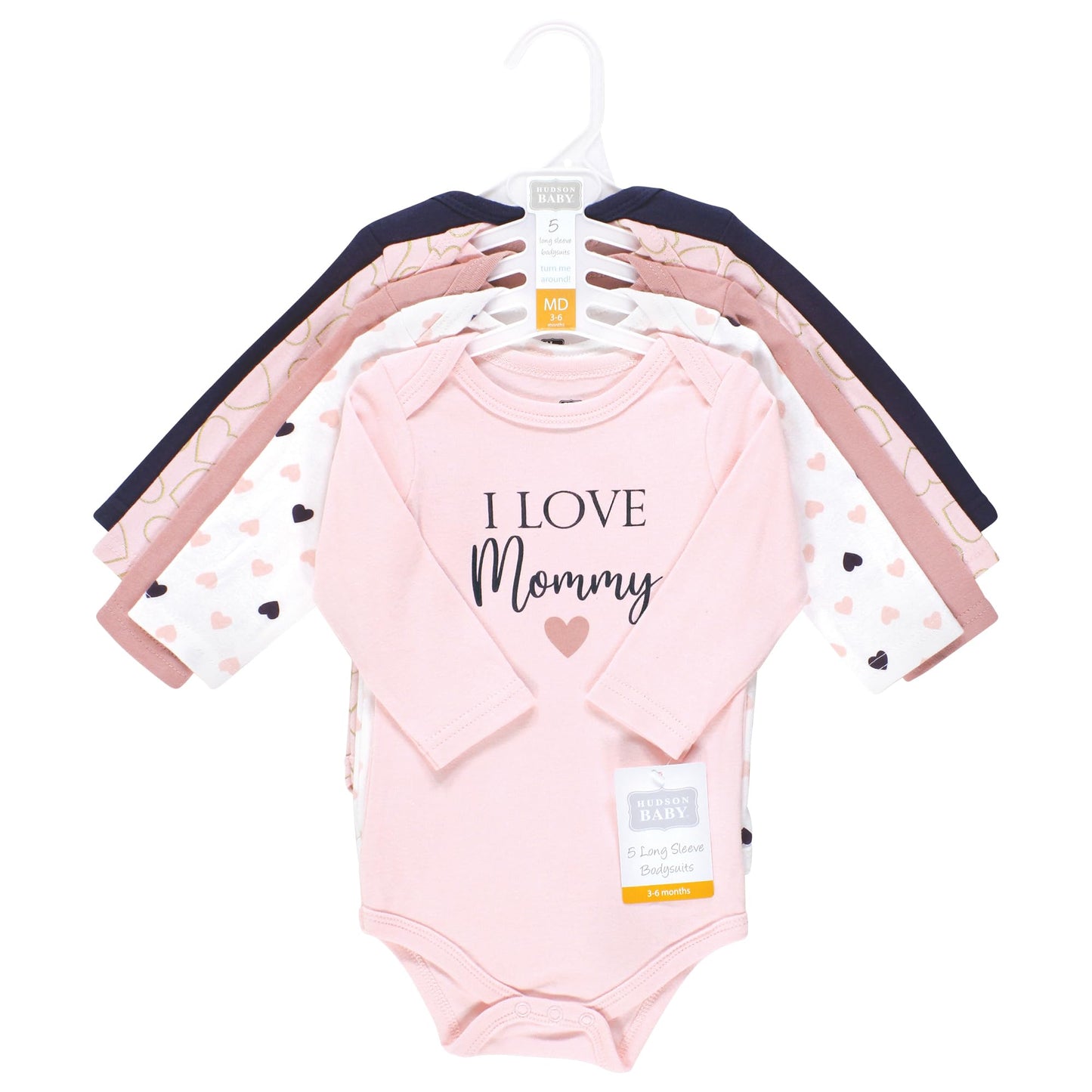 Hudson Baby Unisex Baby Cotton Long-Sleeve Bodysuits, Girl Mommy Pink Navy, 9-12 Months