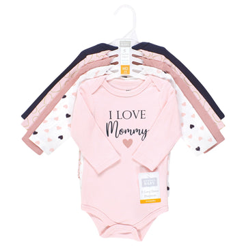 Hudson Baby Unisex Baby Cotton Long-Sleeve Bodysuits, Girl Mommy Pink Navy, 9-12 Months