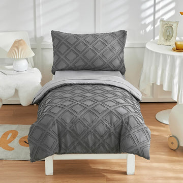4 Pieces Tufted Toddler Bedding Set Dark Grey Jacquard Tufts, Soft And Embroidery Shabby Chic Boho Bohemian Design For Baby Boys
