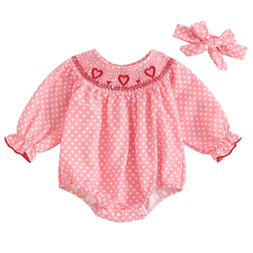 Amiblvowa Baby Girl Valentines Day Outfit Embroidery Love Heart Smocked Bubble Romper Bodysuit Cute Infant Newborn Clothes (Cute