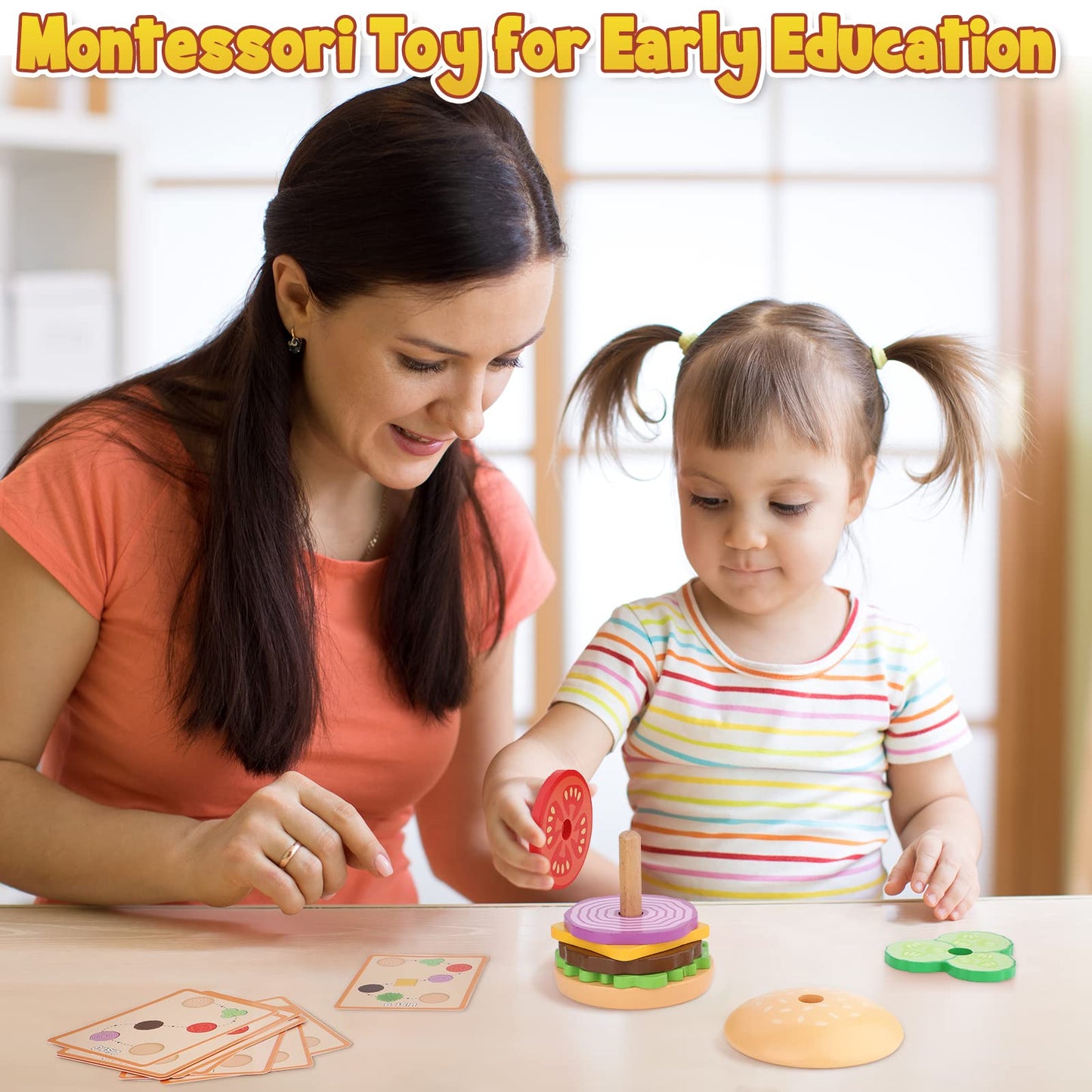 Aizweb Montessori, Stacking Toys- Wooden Burger for 3 Year Old Toddlers and Kids Preschool, Fine Motor Skill Educational Learnin