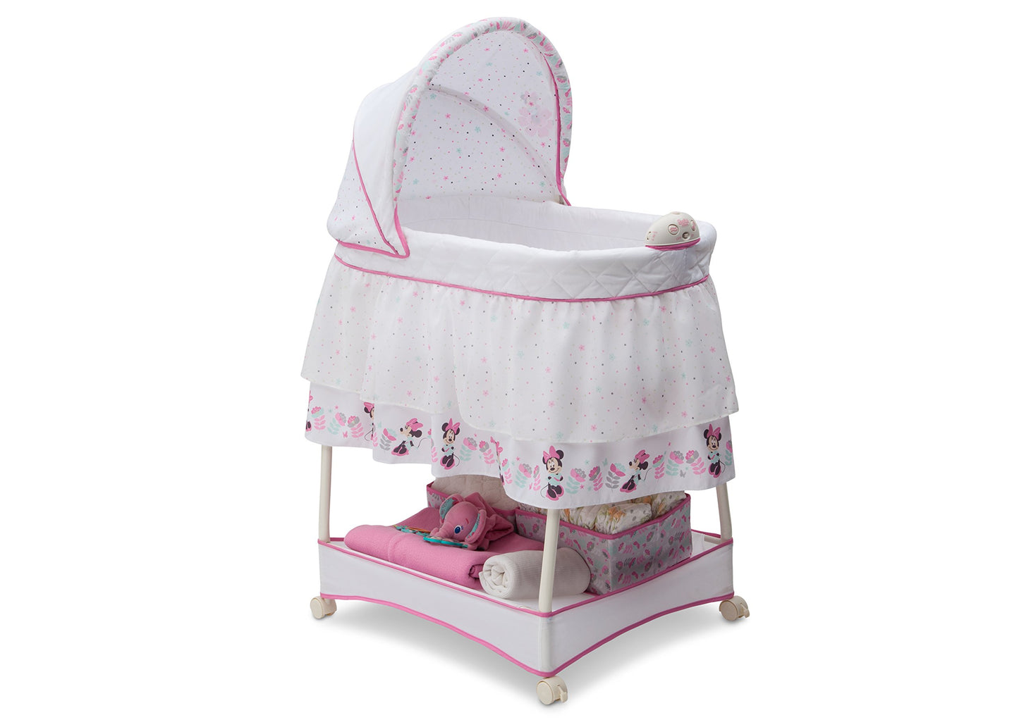 Delta Children Gliding Bedside Bassinet - Portable Crib With Lights, Sounds And Vibration, Disney Minnie Mouse Boutique