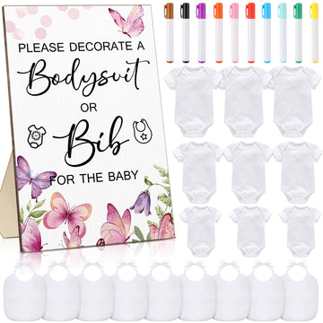 Roowest 35 Pcs Baby Shower Bibs Games Design Wooden Baby Shower Party Game Sign Diy Bodysuit Sign 15 White Blank Feeder Bibs 9 N