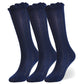Epeius 3 Pairs Little Boys Cotton Uniform Knee High Socks Kids Boys Solid Color Tube Ruffled Stockings For 4-6 Years,Navy
