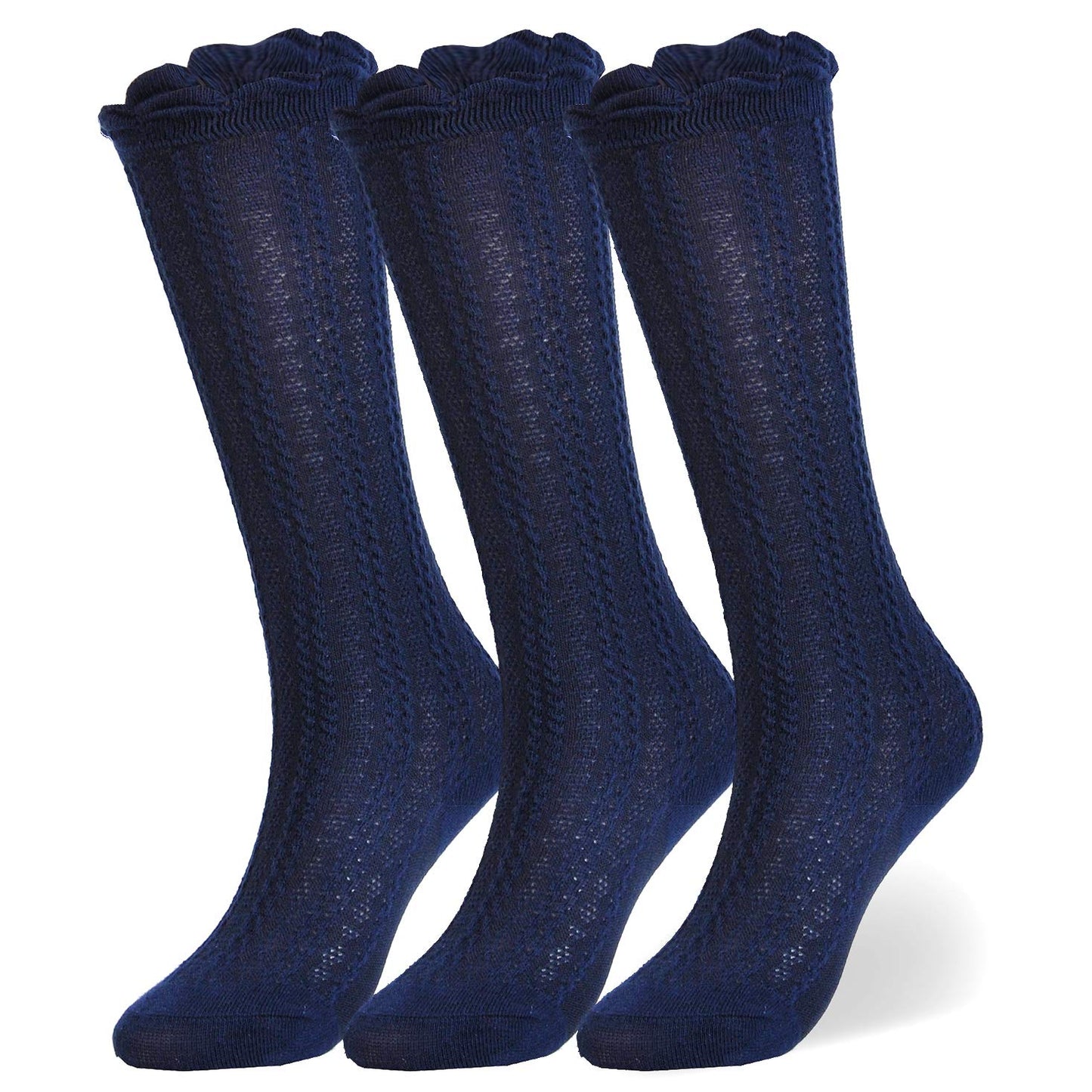 Epeius 3 Pairs Little Boys Cotton Uniform Knee High Socks Kids Boys Solid Color Tube Ruffled Stockings For 4-6 Years,Navy