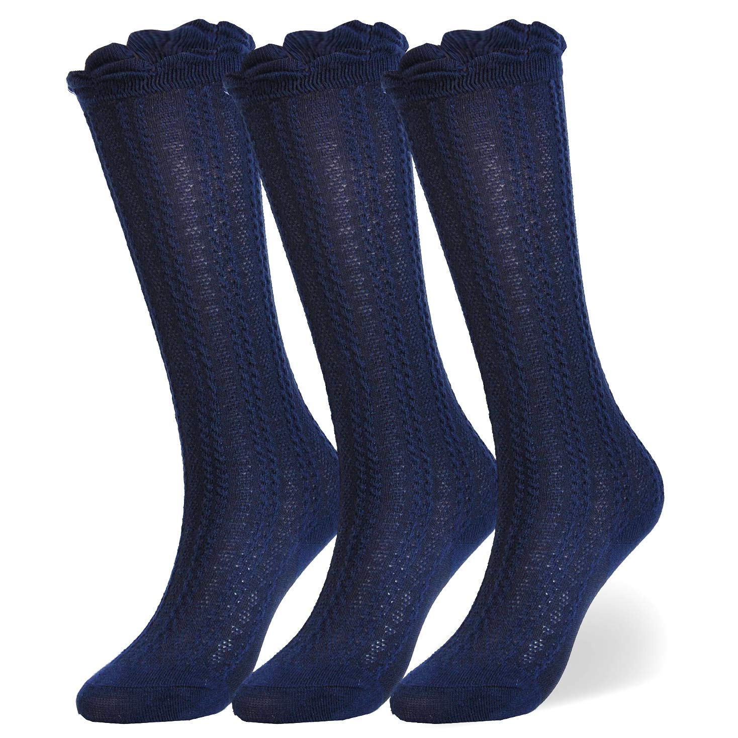 Epeius 3 Pairs Little Boys Cotton Uniform Knee High Socks Kids Boys Solid Color Tube Ruffled Stockings For 4-6 Years,Navy