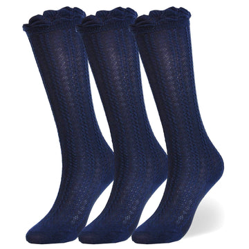 Epeius 3 Pairs Little Boys Cotton Uniform Knee High Socks Kids Boys Solid Color Tube Ruffled Stockings For 4-6 Years,Navy