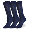 Epeius 3 Pairs Little Boys Cotton Uniform Knee High Socks Kids Boys Solid Color Tube Ruffled Stockings For 2-3 Years,Navy
