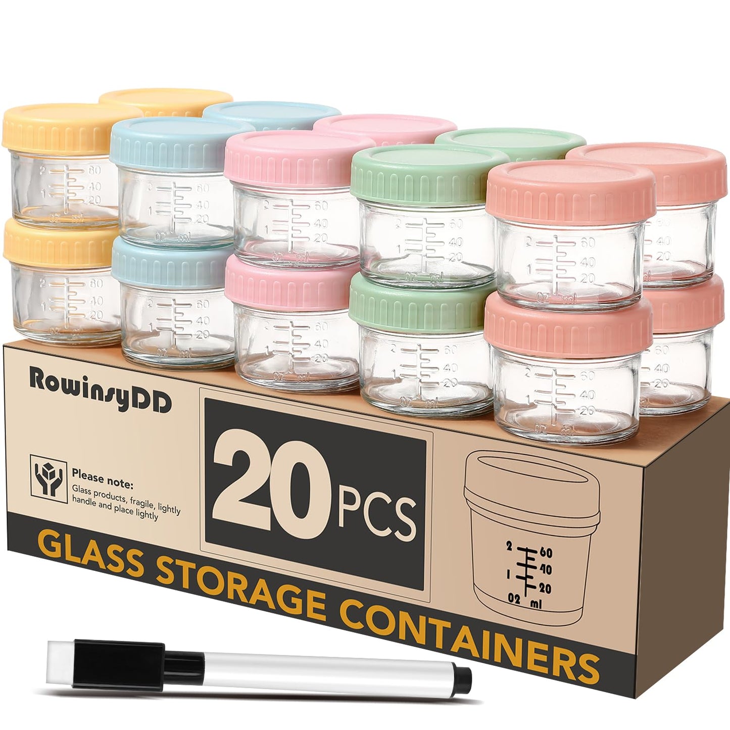 Small Baby Containers Rowinsydd 20 Pack Glass Baby Food Storage Containers, 4 Oz Leakproof B ...